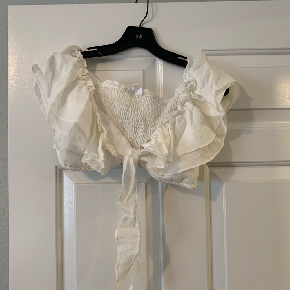 Emory Park white ruffle crop top. Tie front